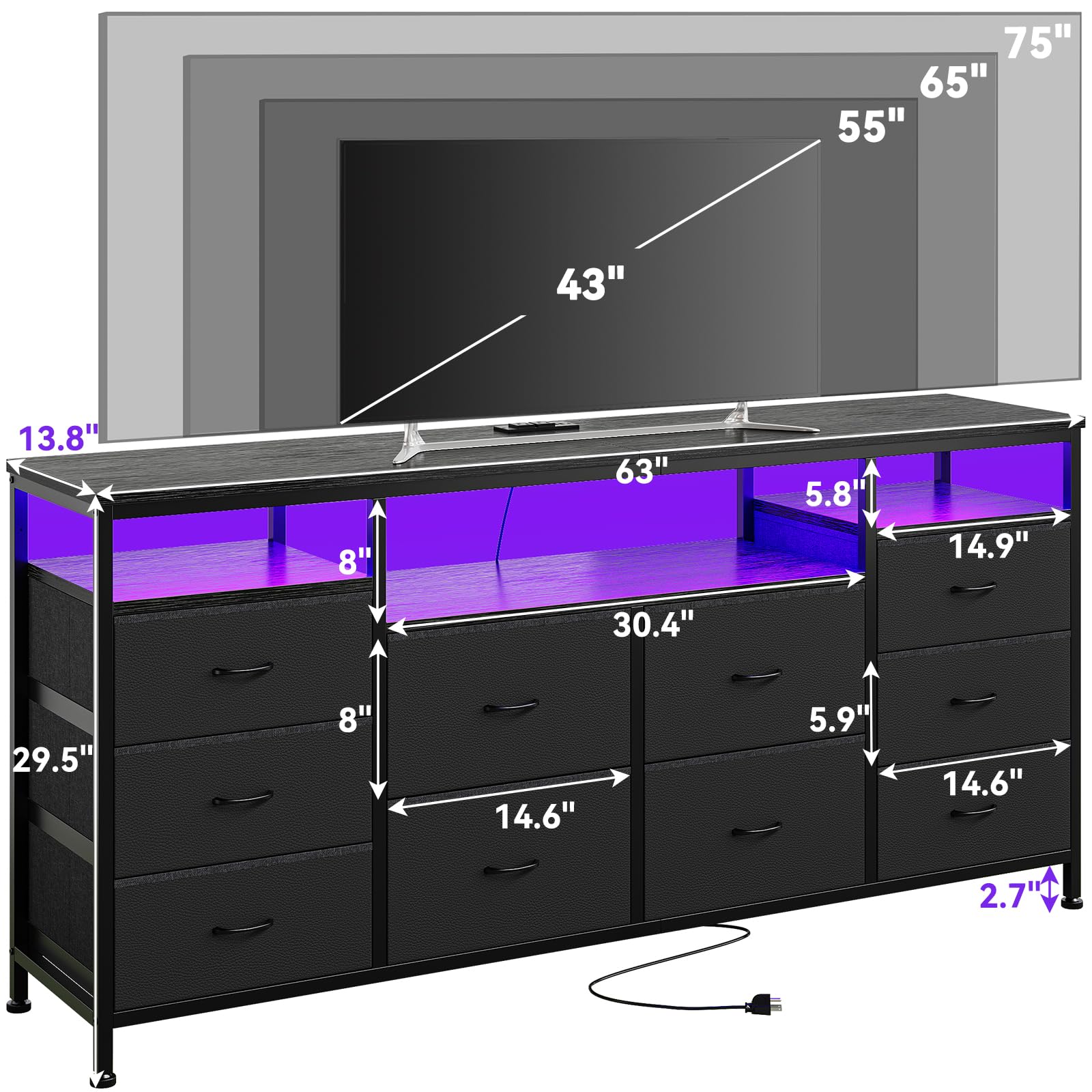 Garvee 10 Drawer Dresser TV Stand for 65-75" TVs, Dresser for Bedroom with LED Lights & Power Outlets, Chest of Drawers Long Entertainment Center for Garvee 10 Drawer Dresser TV Stand for 65-75" TVs, Dresser for Bedroom with LED Lights & Power Outlets, Chest of Drawers Long Entertainment Center for