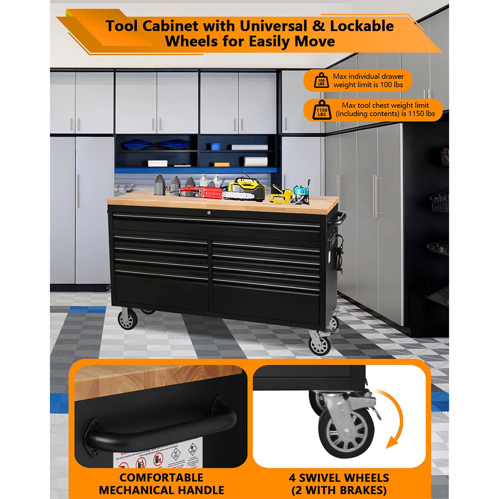 Garvee 9-Drawer Large Rolling Tool Chest, 61" Mobile Tool Storage Cabinet with Wheels and Wood Top, Garage Tool Box Organizer with Anti-Slip Liner for Warehouse, Workshop