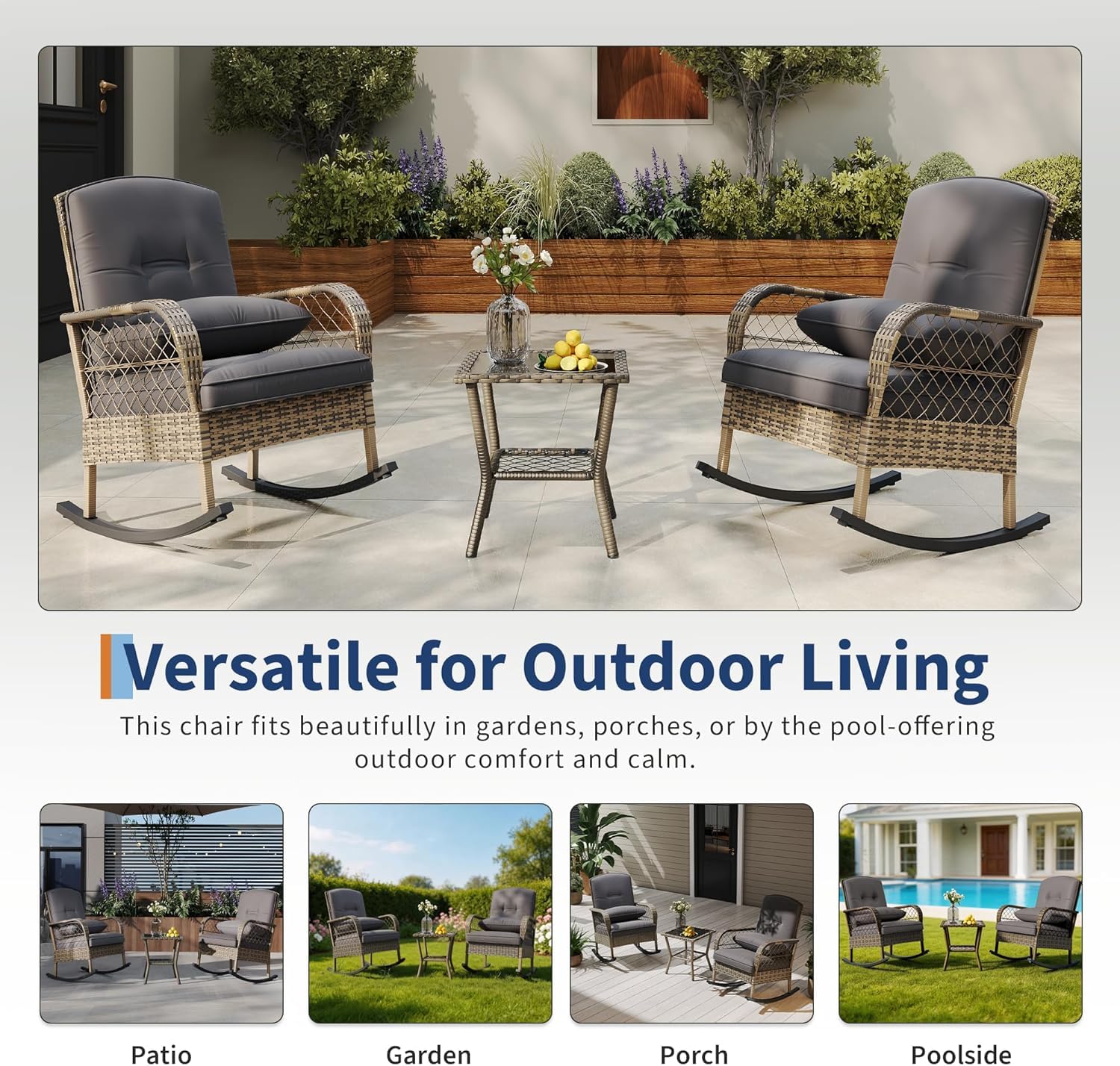 Garvee Set of 2 Outdoor Wicker Rocking Chairs, PE Rattan Patio Rockers with Thick Cushions & Steel Frame for Porch, Garden, Backyard & Deck