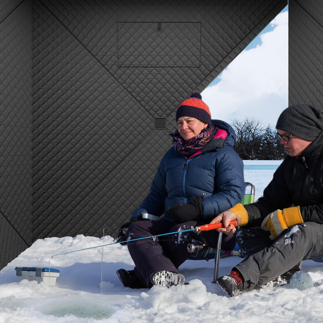 Garvee Insulated Pop-Up Ice Fishing Tent for 3-4 Persons - Portable Windproof Winter Shelter - Durable Ice Shanty, Carry Bag, Zippered Door, Anchors, Rope - Red & Black, 70.8×70.8×77.74 Inch | Winter fishing shelter