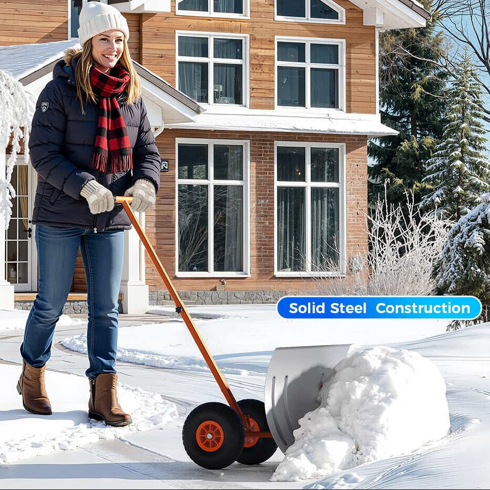 Garvee 29"W X 16.5"H Heavy Duty Metal Snow Shovel with Wheels – Wide Angled Blade – 5-Level Adjustable Ergonomic Handle – Back-Saving Snow Pusher for Driveways, Sidewalks, Yards – Silver with Orange-Yellow Handle and Wheels