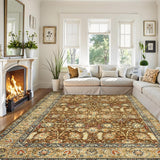 Garvee Washable 9x12 Area Rug - Non-Slip, Stain Resistant - Soft Faux Wool - Vintage Botanical Print - Kid & Pet Friendly - Living Room, Dining - Brown