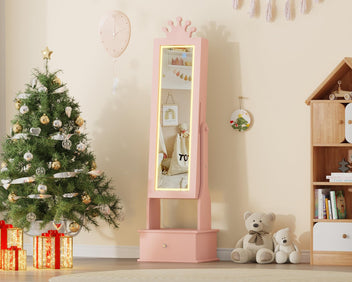 Garvee Freestanding Jewelry Armoire Cabinet with Led Light, Full-Length Mirror and 3 Storage Drawers for Girls, Pink