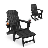 Garvee 4-in-1 Folding Adirondack Rocking Chair with Retractable Ottoman, Cup Holders, HDPE Material, Heavy Duty, Portable, Outdoor Patio Deck - Black