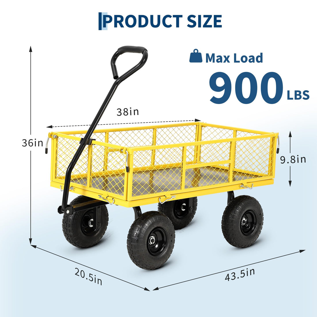 Garvee 900 lbs Heavy Duty Steel Garden Wagon Cart – 2-in-1 Utility Yard Cart, Removable Mesh Sides, 10" All-Terrain Tires, 180° Rotating Handle – Ideal for Lawn and Gardening Tasks – Black Wheels, Yellow Frame, Black Handle