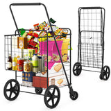 Garvee Large Folding Shopping Cart with Wheels - Heavy Duty, Double Basket - Q235 Steel Frame - Portable, Collapsible, Locking Latch - Laundry, Camping, Grocery - Black