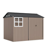 Garvee 6x8 ft Metal Storage Shed Heavy-Duty Galvanized Steel Lockable Door Sloped Roof Windows Backyard Garden Patio - Brown