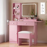Garvee Vanity Desk with Mirror and Lights, Makeup Vanity Power Outlets Makeup Table with Drawers & Cabinet, Storage Stool, Adjustable Brightness Dressing Table for Bedroom, Pink - Pink