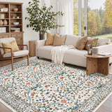 Garvee Floral Print Living Room Rug Soft Low Pile Washable Non Slip Backing Faux Wool Botanical Design Large Size for Home Office Dining Bedroom - Beige
