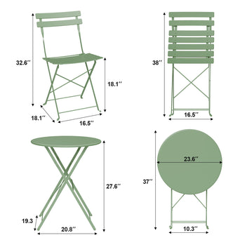 Garvee 3-Piece Folding Patio Bistro Set, Powder-Coated Metal Table and 2 Chairs for Balcony, Porch, Garden, Small Outdoor Spaces,Green