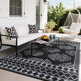 Garvee Outdoor Black & White 9x18 Large Rug Waterproof Plastic Straw Foldable Lightweight with Stakes Storage Bag Reversible Geometric Pattern for Patio Deck Picnic - Black & White