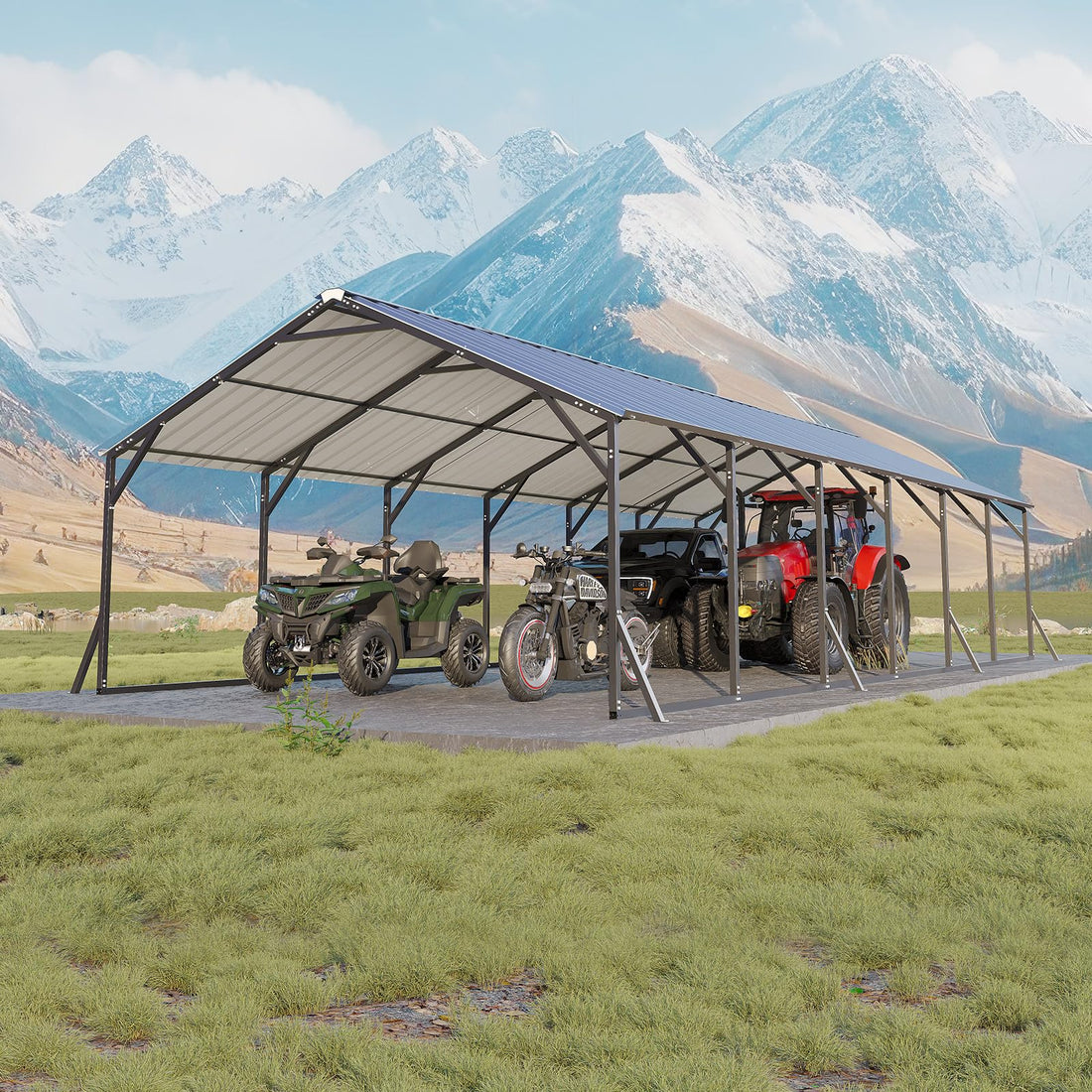 Garvee Heavy Duty Steel Metal Carport 20x30x12 - Outdoor Storage Shelter with Vertical Roof - All-Weather Protection for Multiple Vehicles, Pickup Trucks, Boats, Tractors - Grey