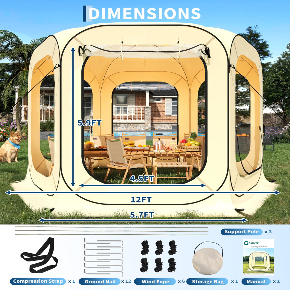 Garvee All-Weather Pop Up Clear Bubble Tent – 12x12 FT Transparent Outdoor Camping Shelter, Rainproof, Windproof, Coldproof, UV Protection, Easy Setup Family Screen House for 8-10 People, Patio, Backyard, Sports Events, Beige, Size: 12x12ft