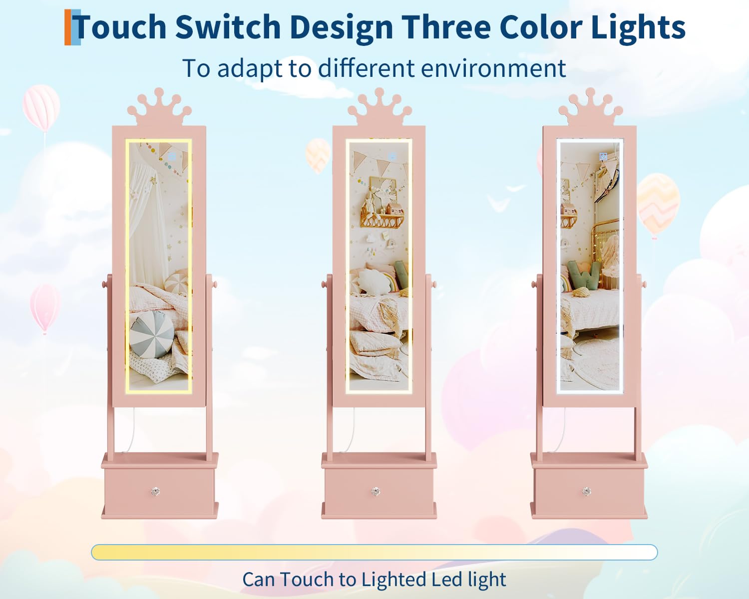 Garvee Freestanding Jewelry Armoire Cabinet with Led Light, Full-Length Mirror and 3 Storage Drawers for Girls, Pink