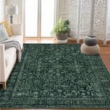 Garvee Persian Dark Green 10x13 Vintage Floral Boho Area Rug for Living Room and Bedroom, Washable, Non-Slip, Low Pile Faux Wool Carpet - Dark Green