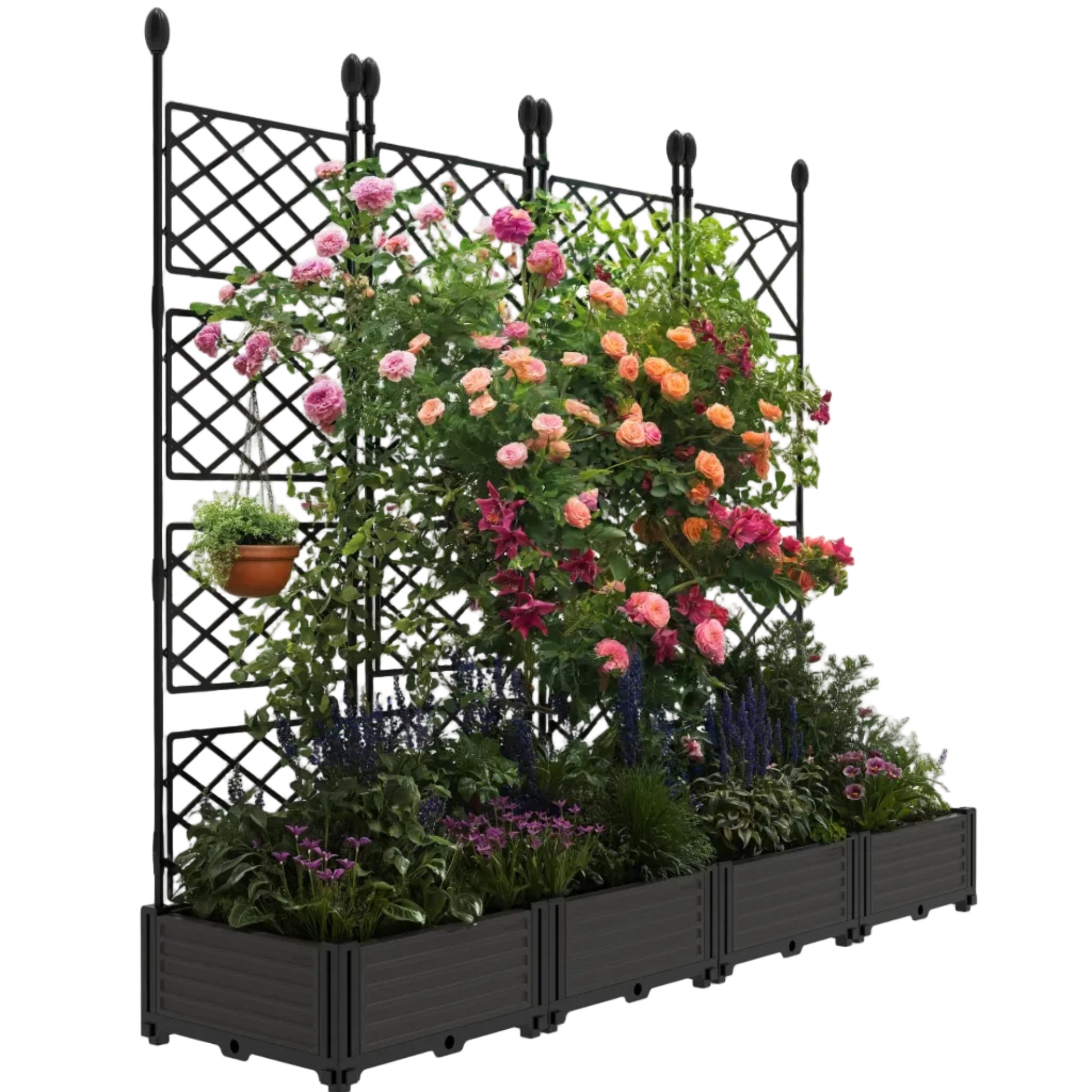 plastic planter and trellis Garvee 4 PCS Raised Garden Bed with Trellis Plastic Planter Box for Outdoor Vertical Garden 65.4" X 63" Black