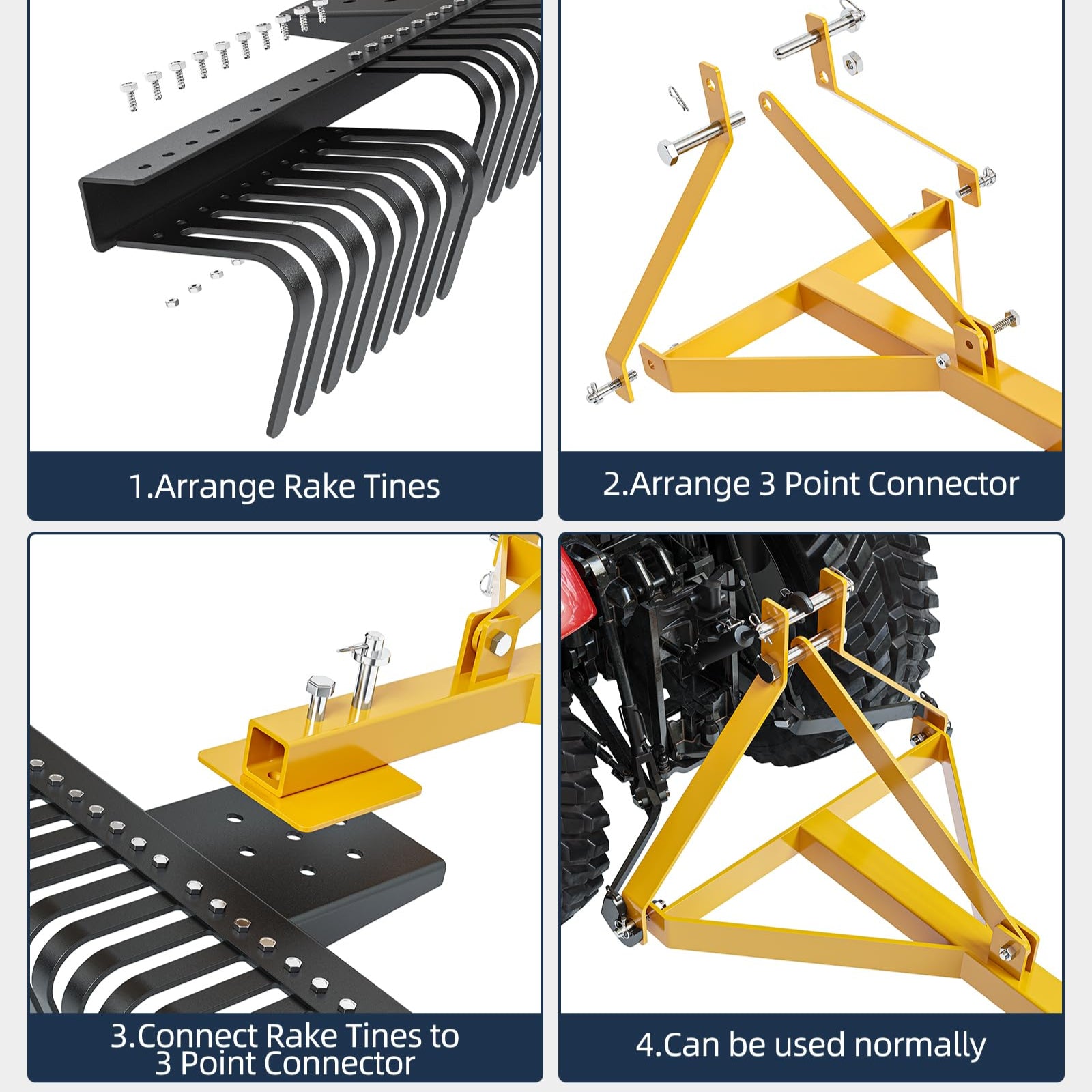 Garvee Landscape Rake for Tractor 60" Wide Coverage Hard Stainless Steel Tines 3-Point Hitch Easy Install Lawn and Garden，Rake Gravel Driveway