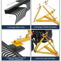 Garvee Landscape Rake for Tractor 60" Wide Coverage Hard Stainless Steel Tines 3-Point Hitch Easy Install Lawn and Garden，Rake Gravel Driveway