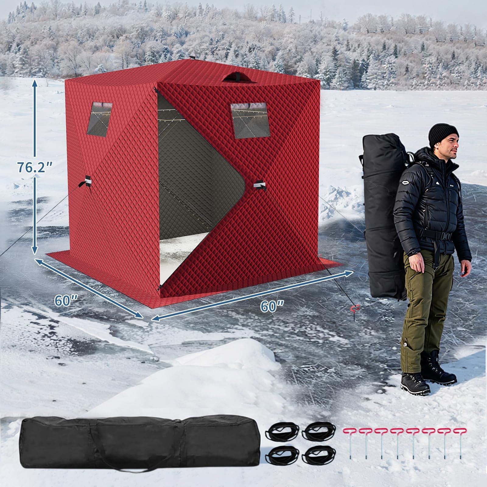 Garvee Insulated Pop-Up Ice Fishing Tent for 2-3 Persons - Portable Waterproof Oxford Winter Shelter - Quick Setup, Carry Bag, Anchors & Ropes - Red, 60×60×76.2 Inch | Winter fishing portable shelter