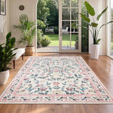 Garvee Floral Rug 4 x 6, Non-Shedding Indoor Foldable Printed Rug for Bedroom Kitchen, Non-Slip Soft Vintage Throw Low Pile Farmhouse Washable Carpet, Pink - Pink