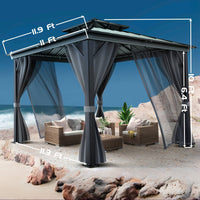 Garvee 12'x12' Hardtop Gazebo for All Weather, with Double Metal Roof, Aluminum Alloy Frame, Net, and Curtain, Permanent Building for Patio, Deck, Backyard, Lawn, and Garden, Khaki