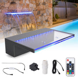 Garvee 12" Pool Fountain Acrylic Pool Waterfall Spillway 11.8" x 4.5" x 3.1"(W x D x H) Outdoor Fountain with Pipe Connector, 9 Colors Led Strip Light for Garden Patio Swimming Pool Decoration