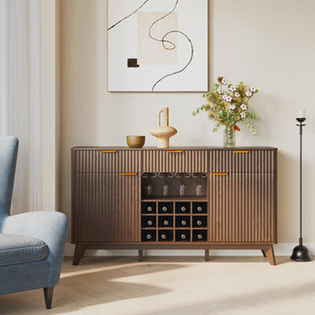 Garvee Modern 60" Fluted Wine Bar Cabinet in Wave Design with 2 Side Cabinets, 3 Drawers, 4 Glass Holders and 12 Wine Racks for Living Room, Kitchen and Entryway, Walnut