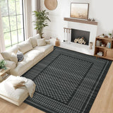 Garvee Washable 5x7 Checkered Plaid Area Rug Soft Low-Pile Polyester Non-Slip Stain-Resistant Rubber Backing Living Room Bedroom Dining - Black