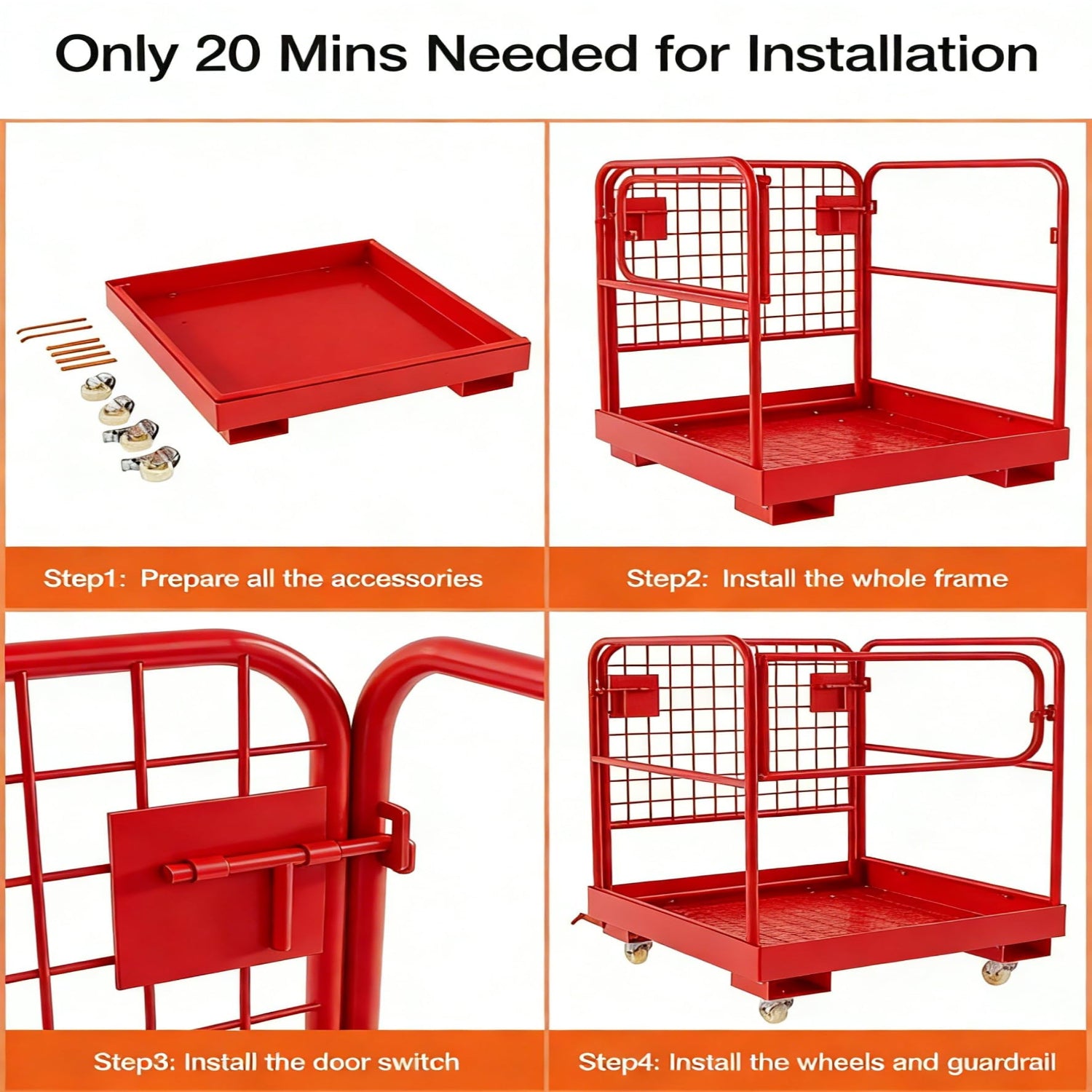 Garvee 36" × 36" Forklift Safety Cage, 1200 lb Steel Man Basket with Locking Casters, Guardrails & Drain Hole, Red