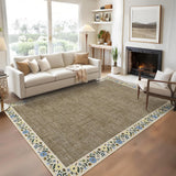 Garvee Bordered Taupe 4x6 Floral Area Rug Machine Washable Non-Slip Faux Wool Cozy Low Pile Stain Resistant Living Room Bedroom - Taupe|Flax Bordered