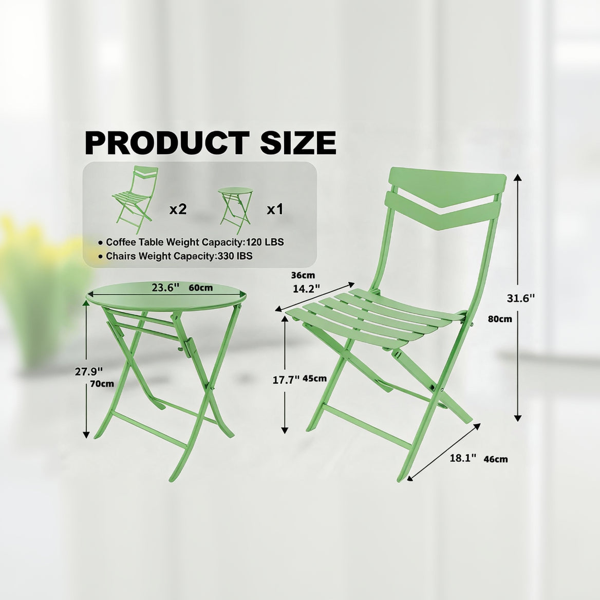 Garvee Outdoor Folding Bistro Set, Compact Patio Furniture Set for Balcony, Garden, and Deck,Green