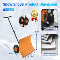 Garvee 29"W X 20"H Snow Shovel with Wheels Heavy Duty Steel 5-Position Adjustable Handle Anti-Skid Tires Quick Assembly for Driveway and Sidewalk