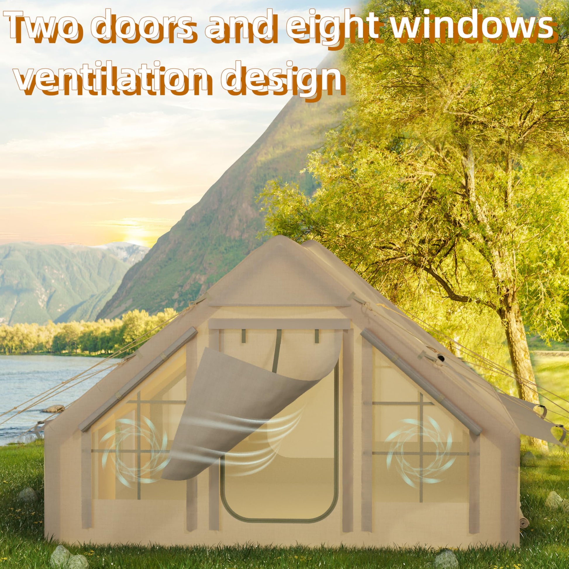 Garvee Luxury Inflatable 4-Season Camping Tent w/ Air Pump – Waterproof & Windproof Outdoor Cabin, Quick Setup, Durable Oxford, 2 Doors, 6 Windows, Fits 2-4 – Khaki
