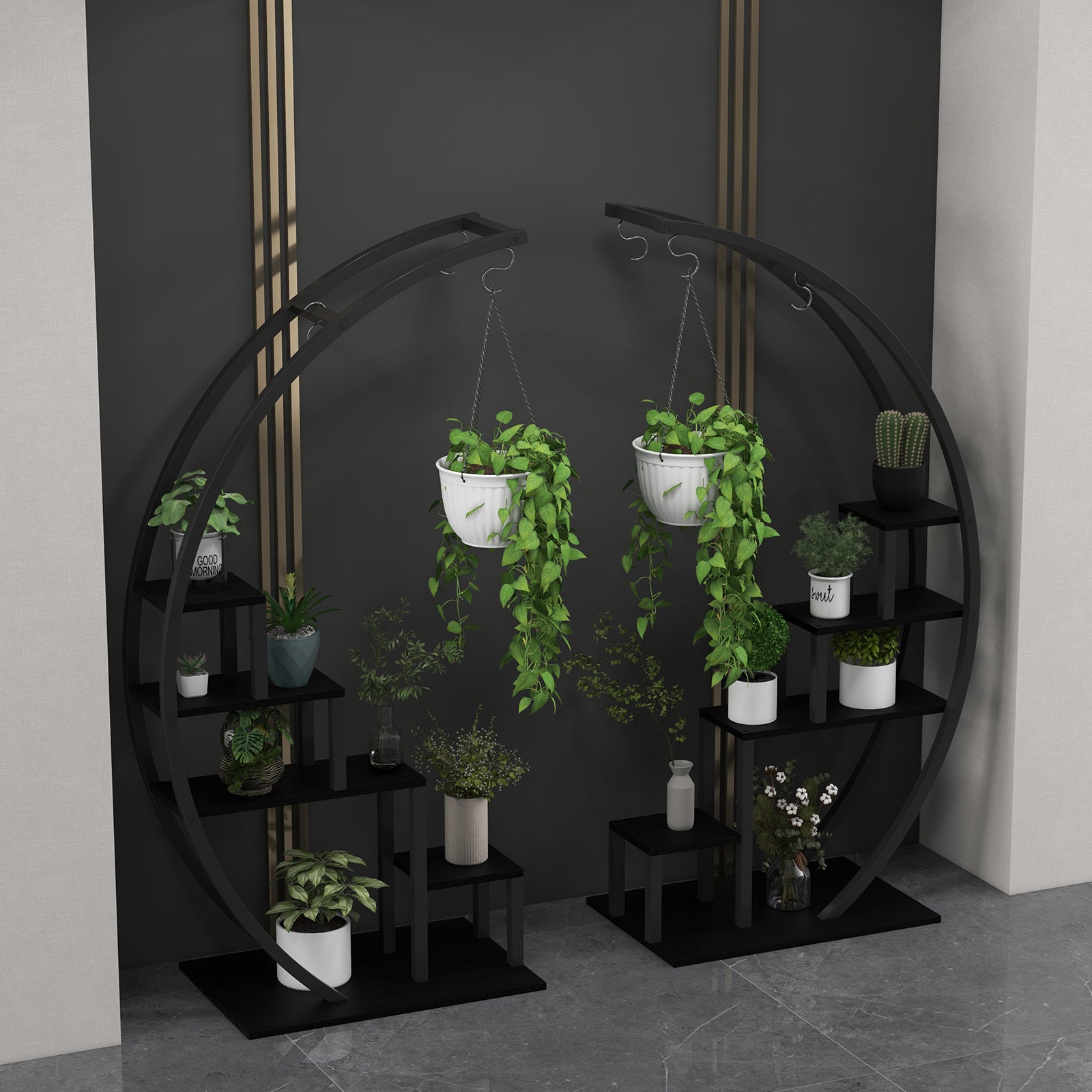 indoor tiered plant shelf Garvee 5-Tier Curved Metal Plant Stand with 6 Hooks, Elegant Black Balcony & Indoor Flower Pot Display Rack for Plants & Garden Decor