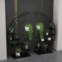 Garvee 5-Tier Curved Metal Plant Stand with 6 Hooks, Elegant Black Balcony & Indoor Flower Pot Display Rack for Plants & Garden Decor