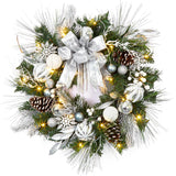 Garvee Christmas Wreath for Front Door, 24 Inch Outdoor Christmas Wreath, Battery Operated Xmas Wreath with Silver White Ball Ornaments Bows and 20 LED Lights for Home Holiday Decor