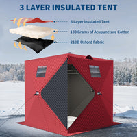 Garvee Insulated Pop-Up Ice Fishing Tent for 2-3 Persons - Portable Waterproof Oxford Winter Shelter - Quick Setup, Carry Bag, Anchors & Ropes - Red, 60×60×76.2 Inch | Winter fishing portable shelter