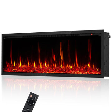 Garvee 50 Inch Electric Fireplace Wall Mounted & Recessed Ultra-Thin 4.2" Linear Heater 750W/1500W 12 Color Flames Log & Crystal Remote Control Living Room