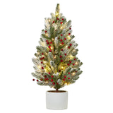 Garvee 2 ft Mini Pre-Lit Frosted Christmas Tree, Tabletop Xmas Tree with 50 Led Lights, Red Fruits, Ceramic Base, Small Lighted Artificial Christmas Tree for Table, Desk, Shelves - Red Fruits - Cement Basin