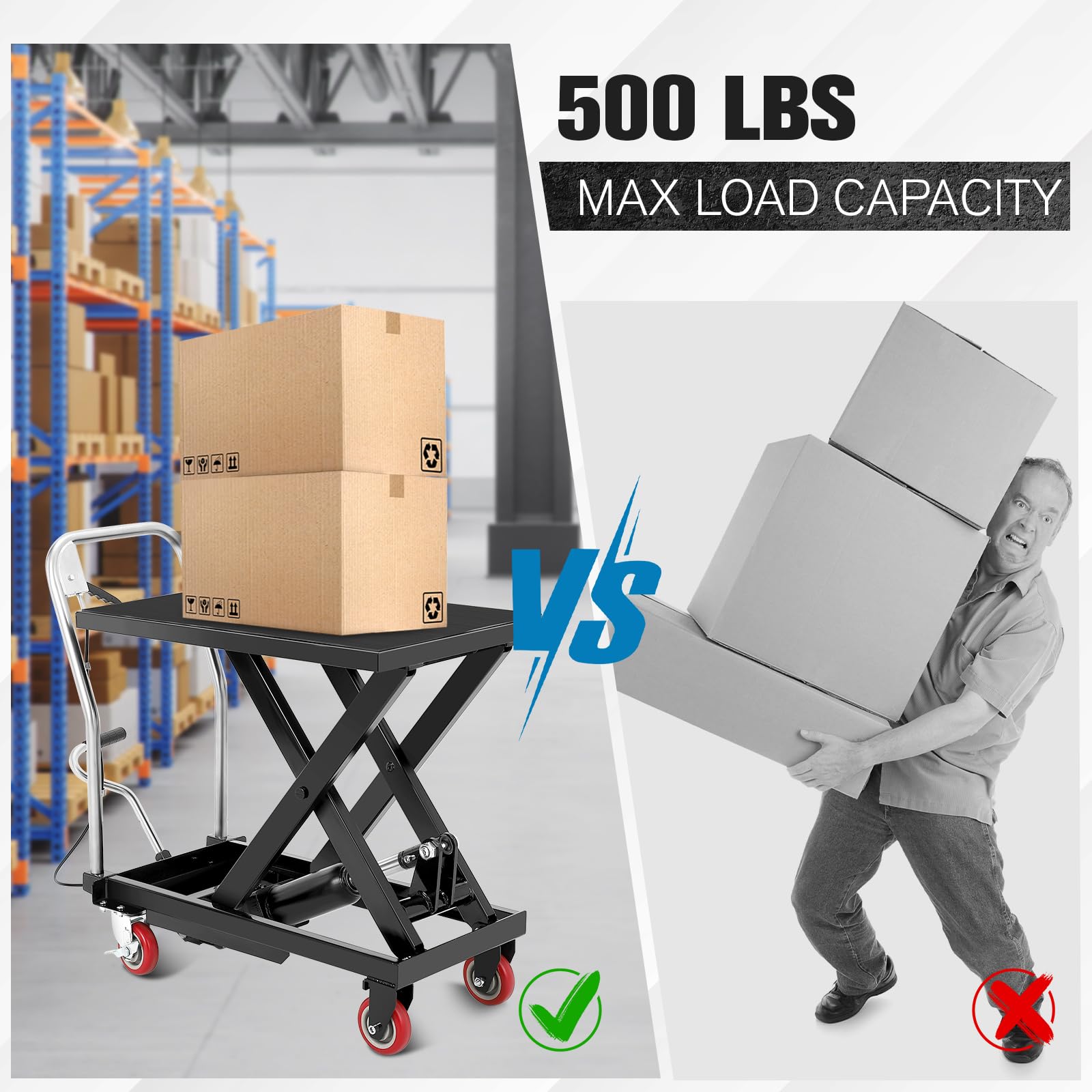 GARVEE 500 lb hydraulic lift table cart compared with manual lifting for material handling