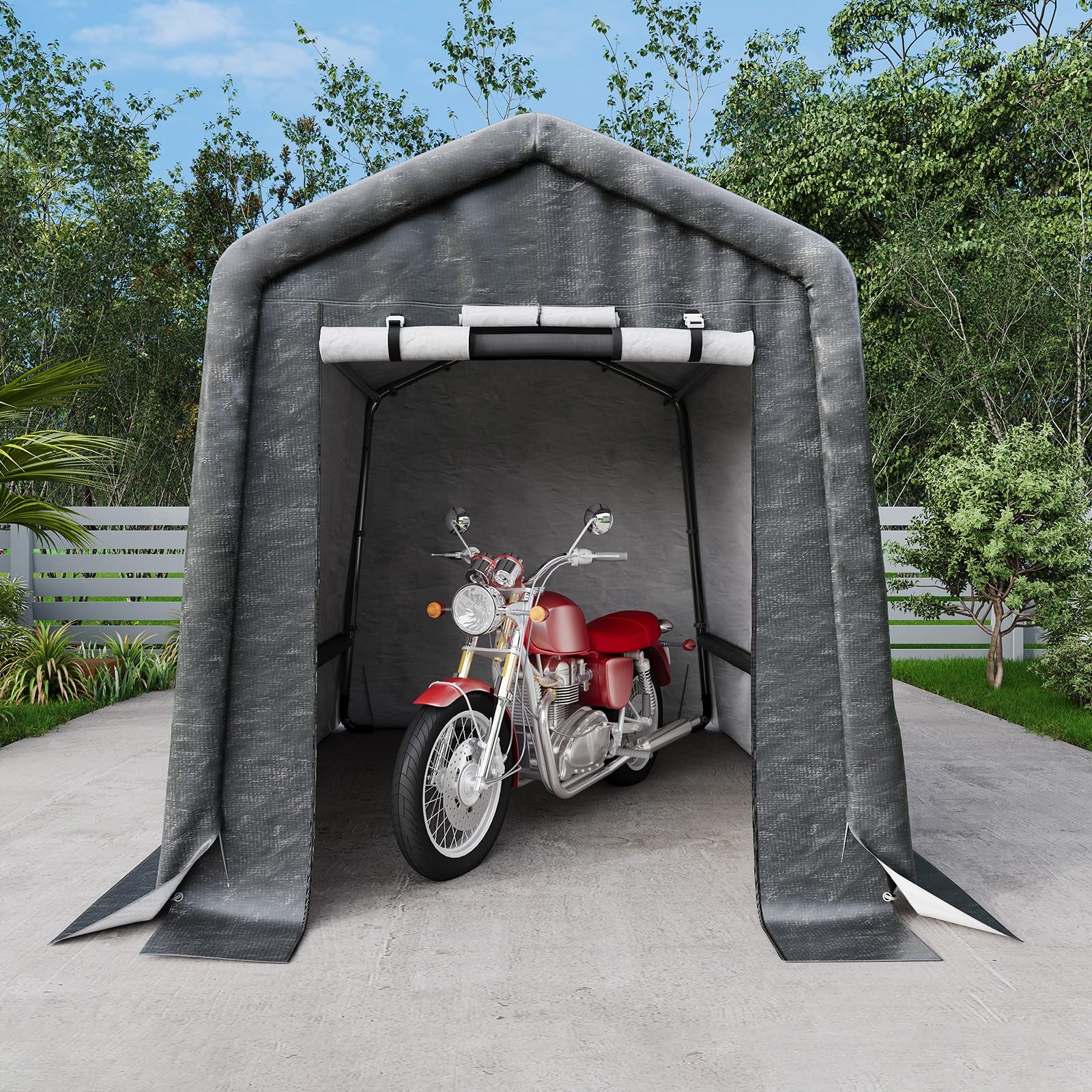 Garvee 6x6FT Gray Outdoor Portable Storage Shed with Roll-Up Door & Vent, 240G Heavy-Duty Shelter Waterproof PE Tarp, UV-Resistant Storage Sheds for Motorcycle, Firewood, Garden and Tools,
