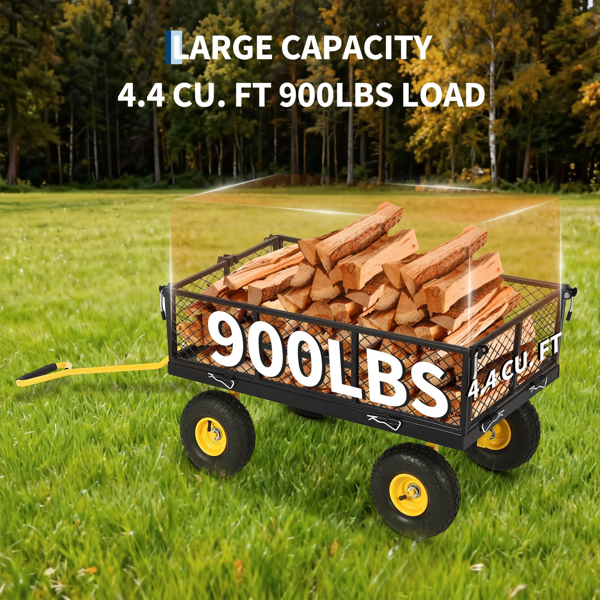 Garvee 900 lbs Heavy Duty Steel Garden Wagon Cart – 2-in-1 Utility Yard Cart, Removable Mesh Sides, 10" All-Terrain Tires, 180° Rotating Handle – For Gardening, Lawn, Outdoor Transport – Black Body, Yellow Hubs