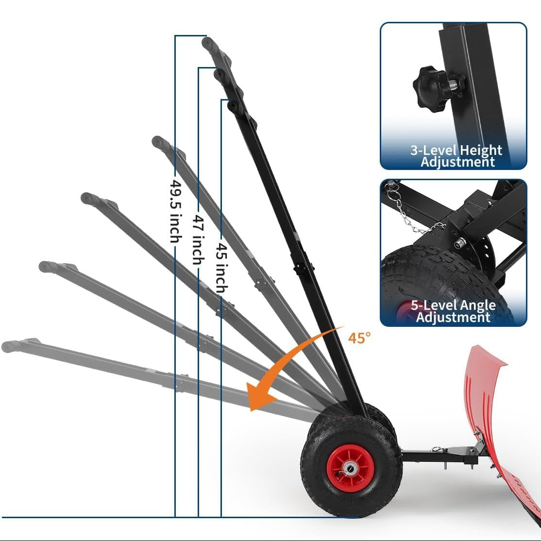 Garvee 29"W X 16.5"H Snow Pusher Shovel with Wheels,Heavy Duty Steel Snow Shovel with Wheels,Angled Blade Efficient Snow Removal With5-Position Angled Blade & Adjustable Handle for Doorway, Sidewalk