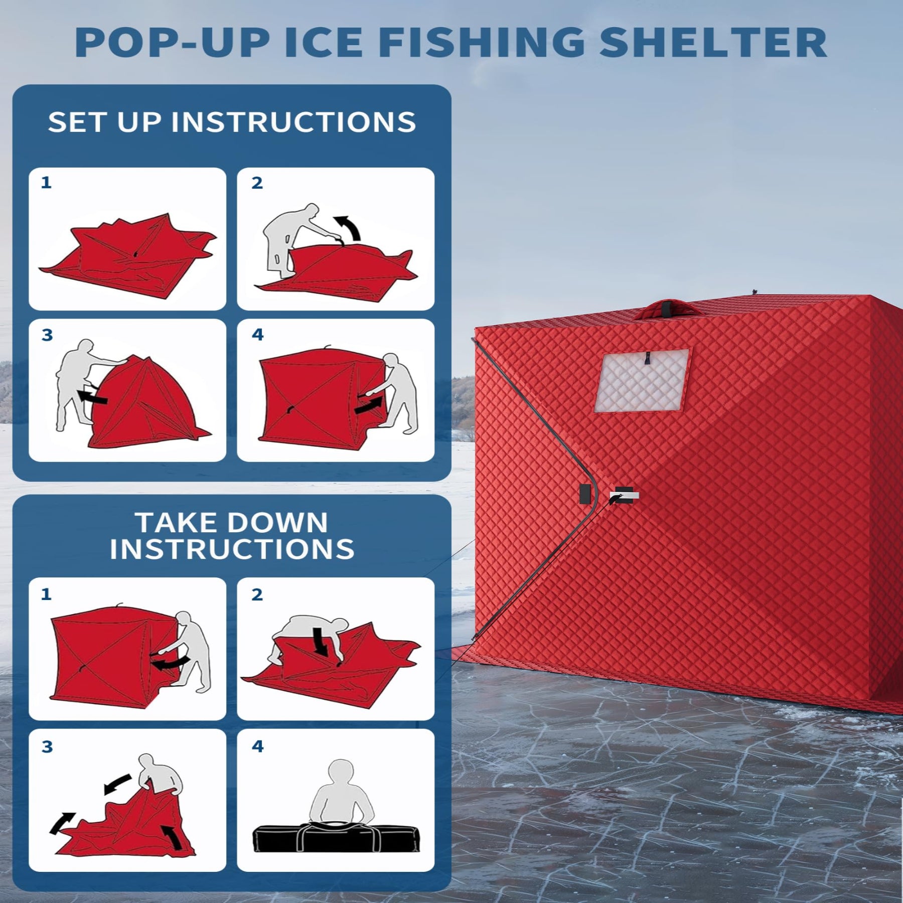 Garvee Pop-Up Portable Ice Fishing Tent for 3-4 Person - Insulated Oxford Hub Shelter - Waterproof, Quick Setup, Anchors, Ropes & Carry Bag Included - Winter Fishing Gear - Winter fishing cover | 70.8*70.8*77.74INCH | Red;