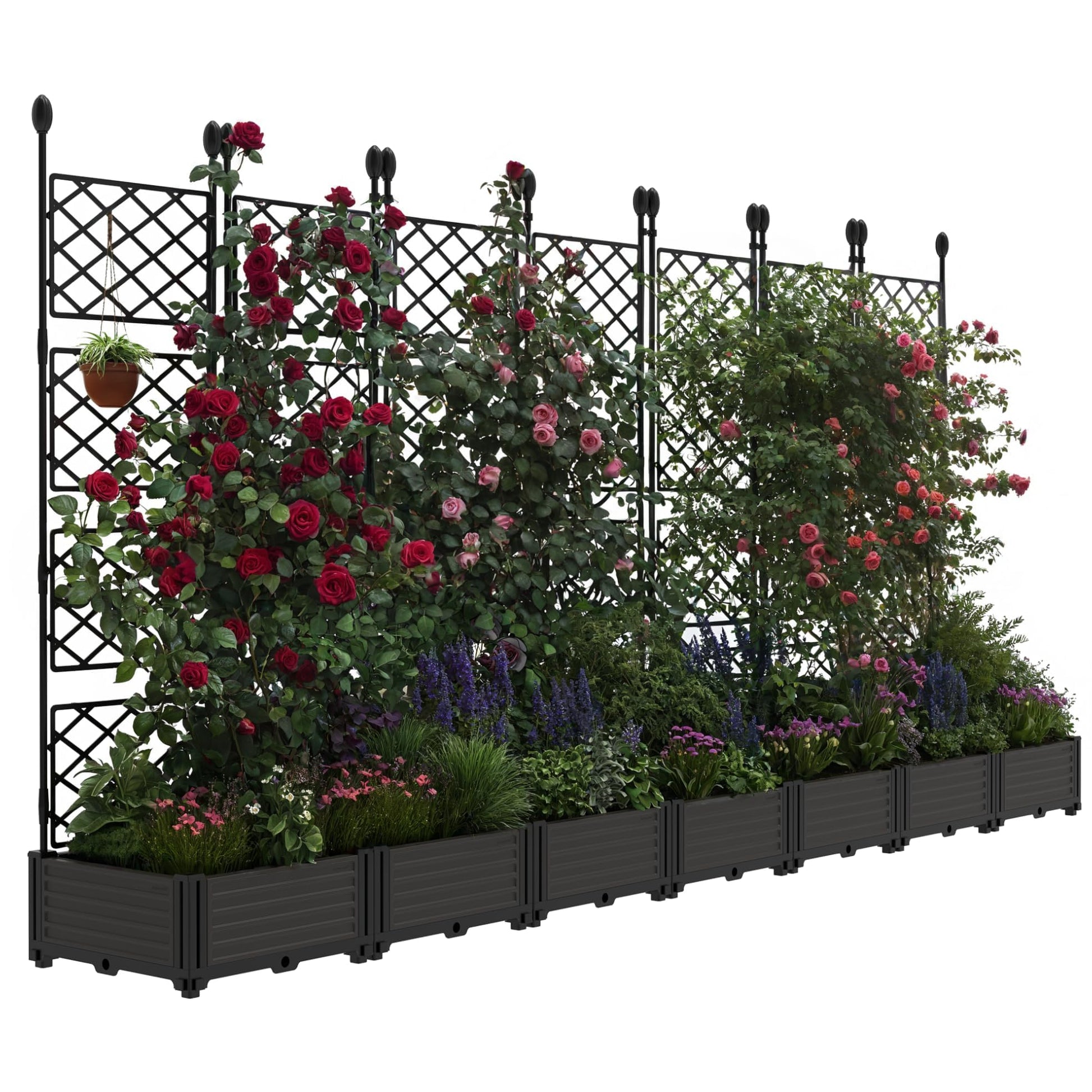 trellis with planter attached Garvee 7 PCS Raised Garden Bed with Trellis, 114.2" x 63" Plastic Planter Box for Climbing Plants, Outdoor Vertical Garden with Privacy Screen for