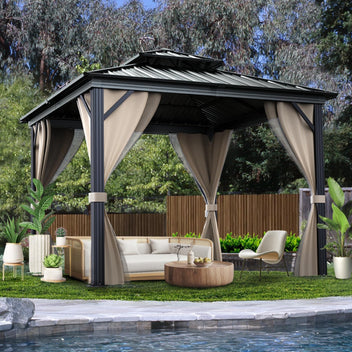 Garvee 12'x12' Hardtop Gazebo for All Weather, with Double Metal Roof, Aluminum Alloy Frame, Net, and Curtain, Permanent Building for Patio, Deck, Backyard, Lawn, and Garden, Khaki