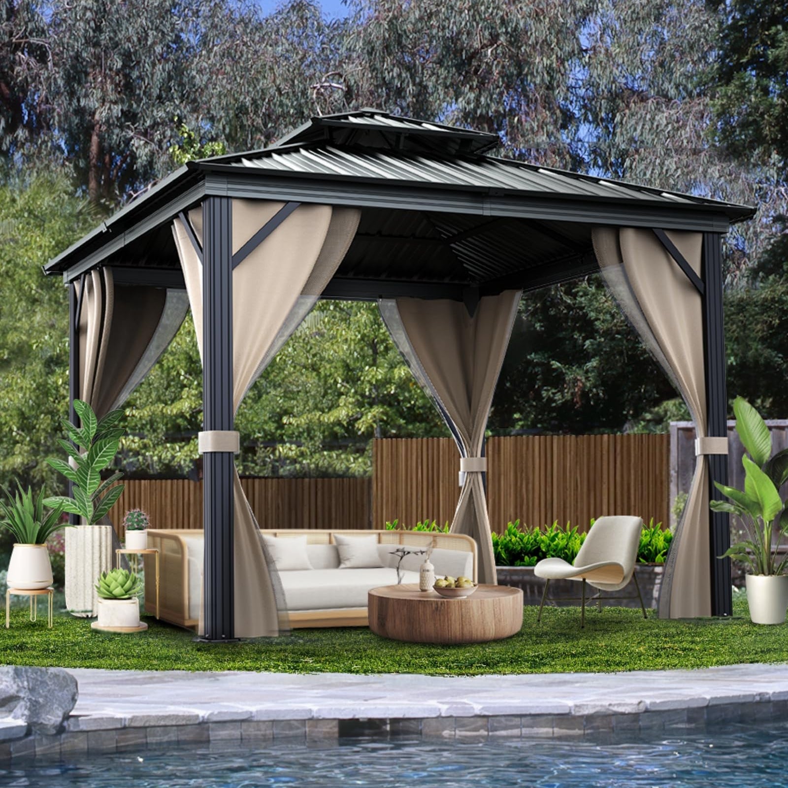 Garvee 12'x12' Hardtop Gazebo for All Weather, with Double Metal Roof, Aluminum Alloy Frame, Net, and Curtain, Permanent Building for Patio, Deck, Backyard, Lawn, and Garden, Khaki