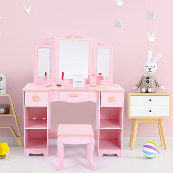 Garvee Girls' Vanity Table and Stool Set with Mirror, Drawer and Wood Makeup Playset Toy for Age 3-10, Pink