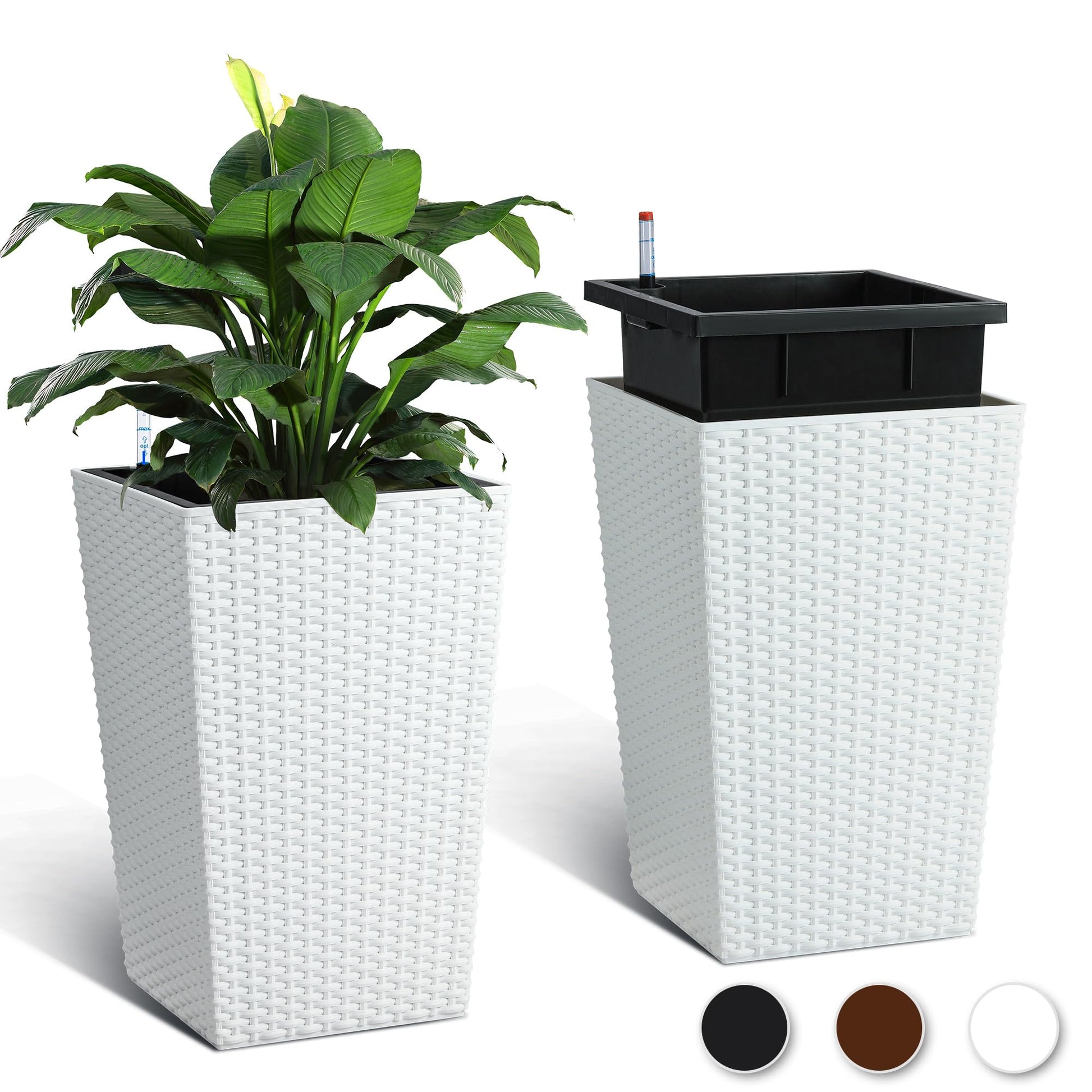 16 inch plastic planter Garvee 16 Inch Tall Rattan Planter Set of 2 with Water Level Monitor & Wheels for Patio & Indoor, White, Durable Weather-Resistant Plastic