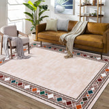 Garvee Bordered Beige 8x10 Rug Washable Stainproof Non-Slip Carpet Minimalist Floor Mat for Living Room, Bedroom, Farmhouse - Beige